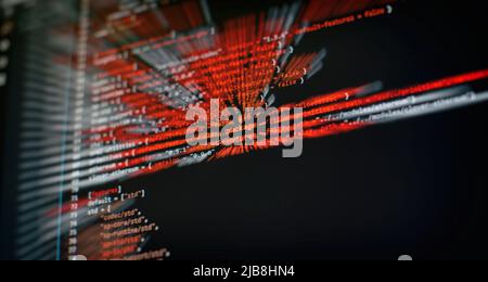 Security code on a computer display, close up. Database bits access stream visualisation. Php language and coding function developer Stock Photo