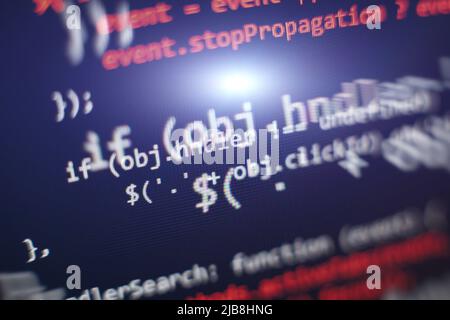 Programming code screen of software developer. Software Programming Work Time. Code text written and created Stock Photo