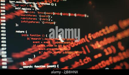 Laptop Display Closeup Photo. Information technology website coding standards for web design Programmer developer screen. Stock Photo