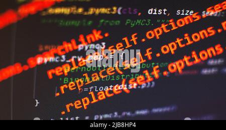 Programming code screen of software developer. Software Programming Work Time. Code text written and created Stock Photo