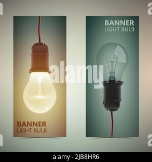 Two vertical bulb banner set with realistic light bulb off and on vector illustration Stock Vector