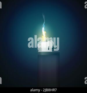 Realistic gas lighter template with burning flame on dark background isolated vector illustration Stock Vector