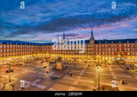 Madrid Spain, aerial view night city skyline at Plaza Mayor Stock Photo