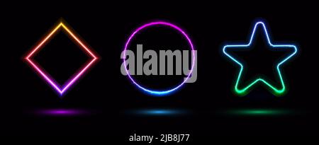 Set of badges frames glowing neon lighting geometric square, circle, star on black background retro style. Vector graphic illustration Stock Vector