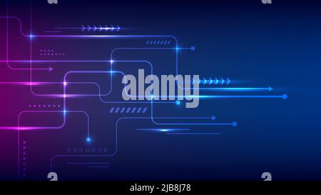 Abstract technology connection data concept circuit lines board with nodes and geometric elements lighting effect on blue background. Vector illustrat Stock Vector