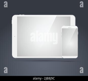 Modern technologic devices set with blank realistic white smartphone and tablet on gray background isolated vector illustration Stock Vector
