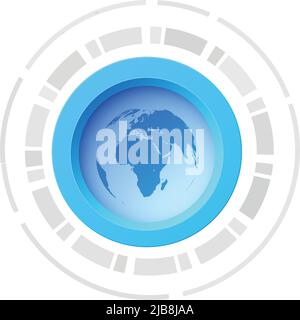 One electronic button concept with image of world map in the centre and blue-white colored background isolated vector illustration Stock Vector