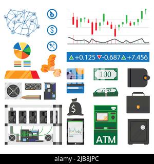 Blockchain cryptocurrency business flat icons set isolated on white background vector illustration Stock Vector