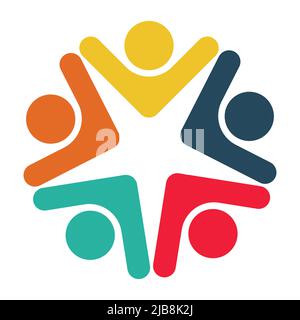 five people in a circle holding hands.The summit workers are meeting in the same power room Stock Vector