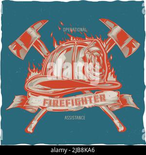 Firefighter t-shirt label design with illustration of helmet with Crossed Axes. Hand drawn illustration. Stock Vector