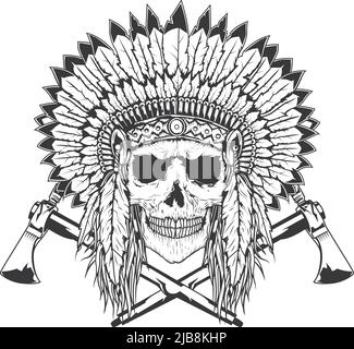 American Indian skull chief with tomahawk ,black on white, vector Stock ...