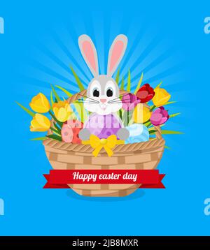Happy easter design with cheerful bunny tulips painted eggs in basket rays on blue background vector illustration Stock Vector