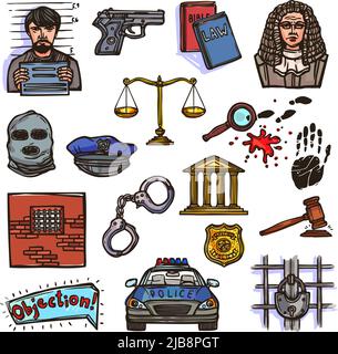 Law justice police and legislation icon color sketch set isolated vector illustration Stock Vector