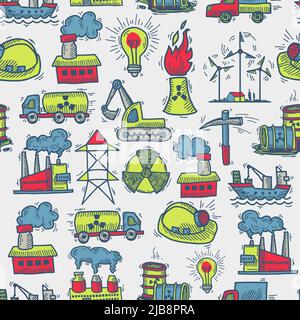 Industrial colored sketch seamless pattern with windmill power plant petrol truck vector illustration Stock Vector