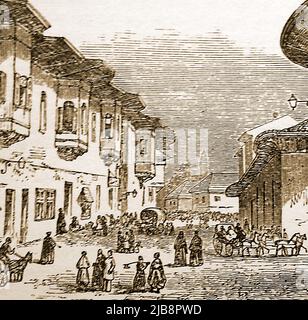 A 19th century engraving showing a street in Bukarest (Bucharest). Romania   --- O gravură din secolul al 19-lea care arată o stradă din București. Stock Photo