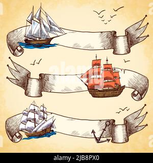 Nautical ribbon banners colored sketch set with sailing wooden tall ships isolated vector illustration Stock Vector