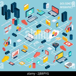 Data infographic isometric set with data center and network elements vector illustration Stock Vector