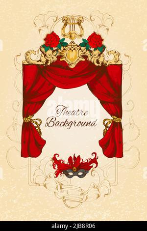 Theatre acting performance colored sketch decorative background with roses and decoration vector illustration Stock Vector