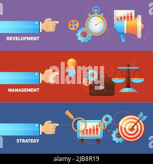 SEO concepts flat banners set with strategy management development isolated vector illustration Stock Vector