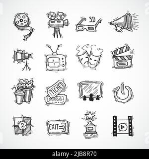 Cinema icons hand drawn set with film strip clapperboard ticket isolated vector illustration Stock Vector