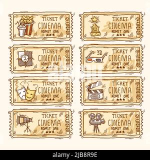 Cinema sketch paper ticket set with popcorn glasses clapperboard and megaphone isolated vector illustration Stock Vector