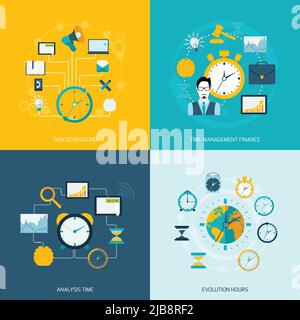 Time management flat icons set with task scheduling time management finance analysis evolution hours isolated vector illustration Stock Vector