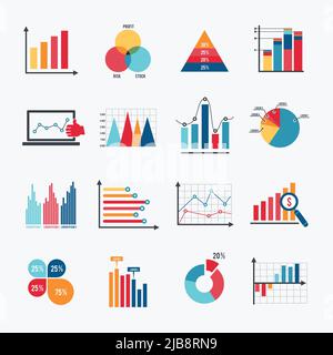 Business data market elements dot bar pie charts diagrams and graphs flat icons set isolated vector illustration. Stock Vector