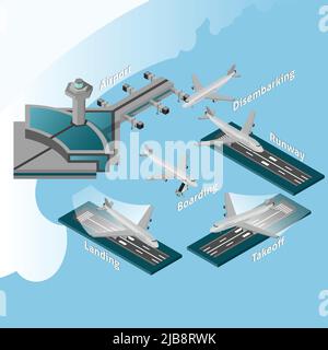 Airport decorative icons isometric disembarking runway boarding landing takeoff symbols set vector illustration Stock Vector