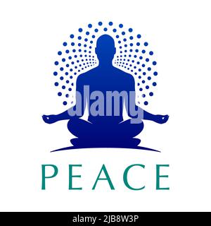 Yoga logo of a human in a lotus pose with a round ornamental halo. Meditating guru man vector logotype. Stock Vector