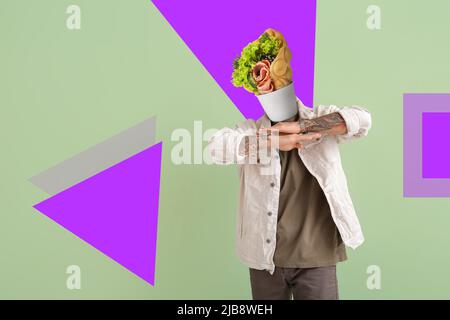 Tattooed man with tasty bubble waffle instead of his head on color background Stock Photo