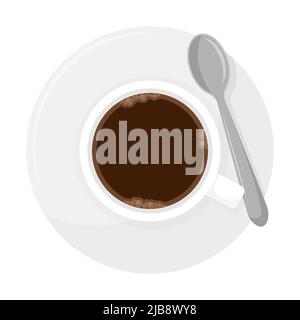Ceramic mug of coffee or tea. Cup of hot drink on plate with spoon. Top view. Cartoon flat vector illustration isolated on white background. Stock Vector
