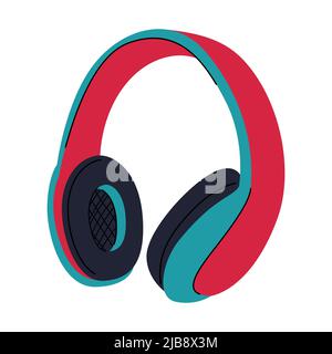 Professional studio over-ear headphones with large red-blue ear pads. Equipment for podcasting, online learning, listening to music. Simple flat vecto Stock Vector