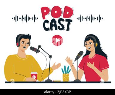 A girl and a man record a podcast, an online radio show. People with headphones are talking into a microphone. The concept of podcasting, broadcasting Stock Vector