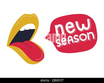 A poster announcing the new season of the podcast, broadcast, show. Female open mouth and speech bubble with handwritten words - New season. Flat vect Stock Vector