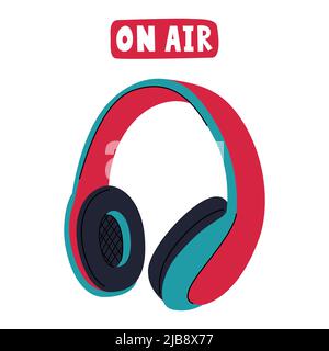 Professional studio over-ear headphones with large ear pads. Equipment for podcasting, listening to music, online learning, remote work. Flat vector i Stock Vector