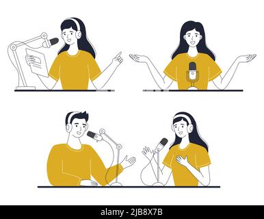 Set of people talking into a microphone, recording a podcast. A woman interviews a man. A cute girl hosts a radio broadcast, an online show, read news Stock Vector