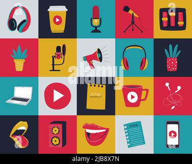 Set of icons, symbols of an online podcast, radio show, broadcast. Microphones, laptop, megaphone, talking mouth. Can be used as a seamless pattern. C Stock Vector