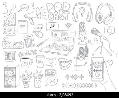 Set of doodle outline symbols of a podcast, radio show, broadcast. Microphones, laptop, headphones, megaphone, lettering. Linear decorative elements. Stock Vector