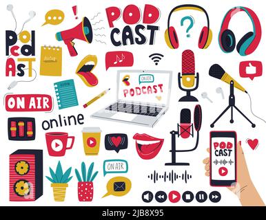 A set of decorative elements symbolizing podcasting, radio shows, audio online broadcasts. Microphones, headphones, music equipment, laptop, megaphone Stock Vector