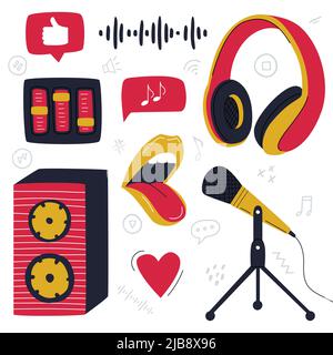 A set of design elements of a podcasting, musical, recording equipment. Over-ear headphones, a loudspeaker, a microphone on a stand with wire. Color f Stock Vector