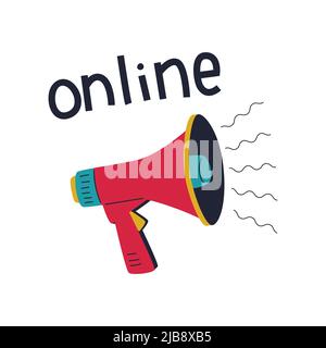 A simple flat megaphone and handwritten word Online. Hand lettering. The symbol of the news message, announcements, advertising, promotion. Bright fla Stock Vector