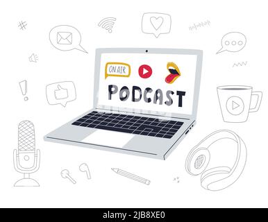 Set of doodle outline podcast elements, symbols, icons. And open laptop with a Podcast word, open mouth and Play button on screen. Microphone, headpho Stock Vector