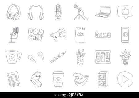 Set of doodle outline icons, symbols of a podcast, radio show, broadcast. Microphones, laptop, pencil, hand lettering. Linear elements for web design. Stock Vector