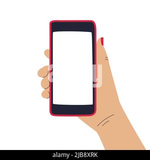 A hand holding a phone with empty screen with copy space for text. Template for advertising, announcement, promotion, posters, screensavers, covers. F Stock Vector