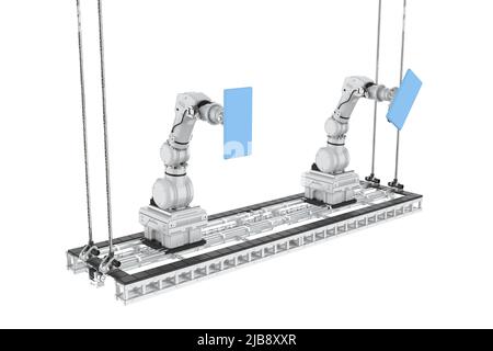 3d rendering automation robotic arms clean windows outside building isolated on white Stock Photo
