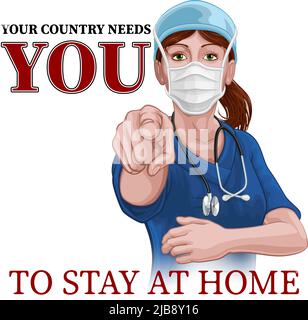 Doctor Nurse Woman Needs You Stay At Home Pointing Stock Vector