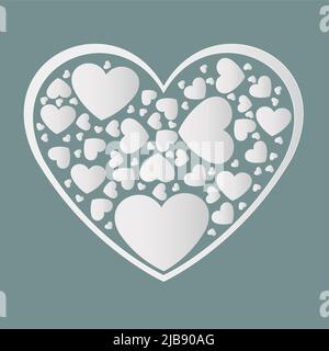 Beautiful white paper cut the heart with white frame. There are many small white hearts surrounded in a heart-shaped frame.Vector illustration Stock Vector