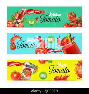 Realistic tomato horizontal banners set with ornate text juice splashes and ripe vegetables with ready products vector illustration Stock Vector