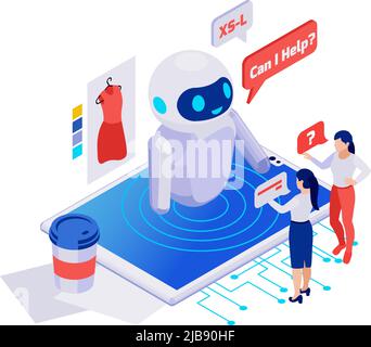 Customers asking questions to online shop chatbot 3d isometric vector illustration Stock Vector
