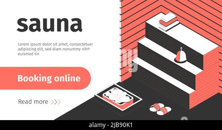 Sauna booking online isometric banner with bath accessories 3d vector ...